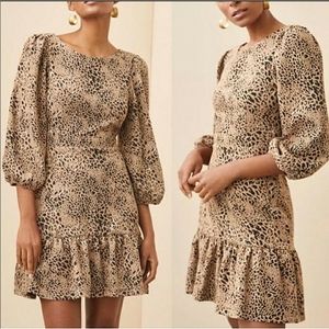 Anthropologie Maeve 4 US Mini Dress Knot Ties Cut-Out Back Brown Puff Sleeves